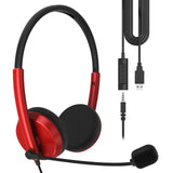 Geekria USB Headset with Mic, Mute Button Volume Control, Lightweight Wired Computer On-Ear Headphones with Boom Microphone and Detachable 3.5mm Plug for Call Center, Office, School (Red)