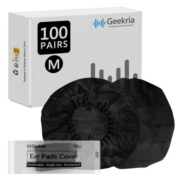 Geekria 100 Pairs Individually Wrapped Disposable Headphones Ear Cover for Over-Ear Headset Earcup, Stretchable Sanitary Ear Pads Cover, Hygienic Ear Cushion Protector (M / Black)