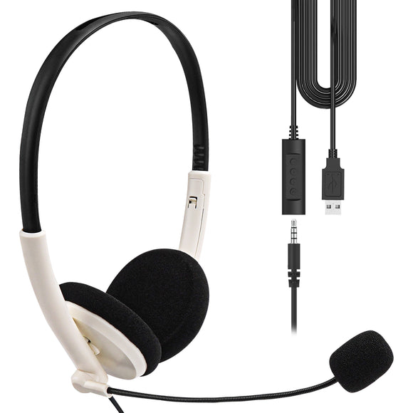 Geekria USB Headset with Mic and Mute Option, Wired Headphone for PC, Laptop, Computer Headset with Noise Cancelling Microphone, All Day Comfort for Meetings, Call Center, School (Off White)