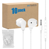 Geekria 3.5mm Plug Earphones with Microphone, Quality Wired Headphones Bulk Pack, Stereo Semi In-Ear Headphones with Mic And Volume Control, Affordable Wholesale Earbuds (10 Pack, White)