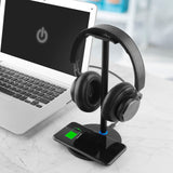 Geekria Headphone Charging Holder, Headset Hanger, 2-in-1 Headphone Holder Desk & Wireless Charger Pad, Suitable for Desktop Table Earphone Accessories (Black)