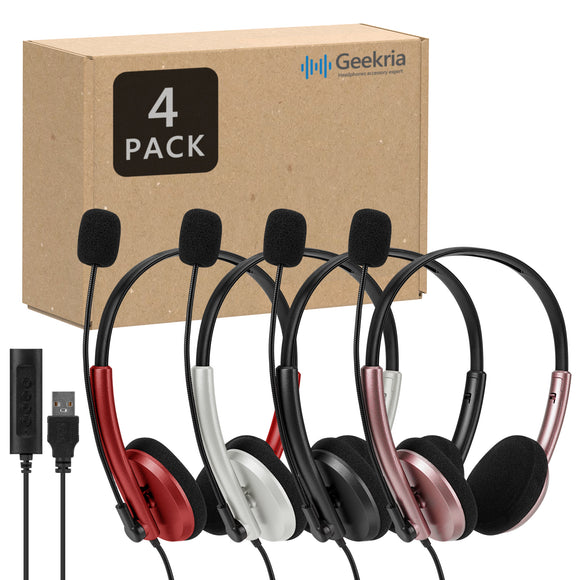 Geekria USB Headset with Mic, Mute Button and Volume Control, Lightweight Wired Computer On-Ear Headphones with Boom Microphone and Detachable 3.5mm Plug, Bulk Wholesale, 4 Pack, Assorted Colors