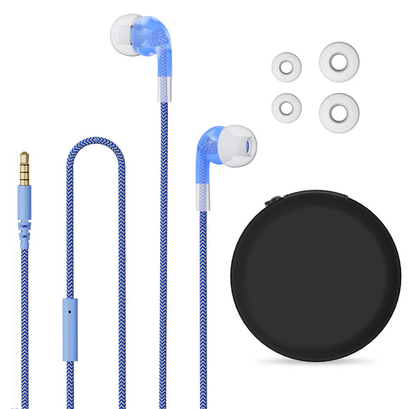 Geekria Kids Wired Earbuds with Mic & Volume Control for School and Online Class, Children's 3.5mm Jack In-Ear Earphone with 85dB Volume Limit for Small Ears, Storage Case Included (Blue)