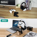 Geekria Solid Wood Dual Gamepad and Headphone Stand, Controller Storage Holder for PS4, PS5, Xbox, Switch, 8BitDo, Universal Desk Game Accessories (Light Brown)
