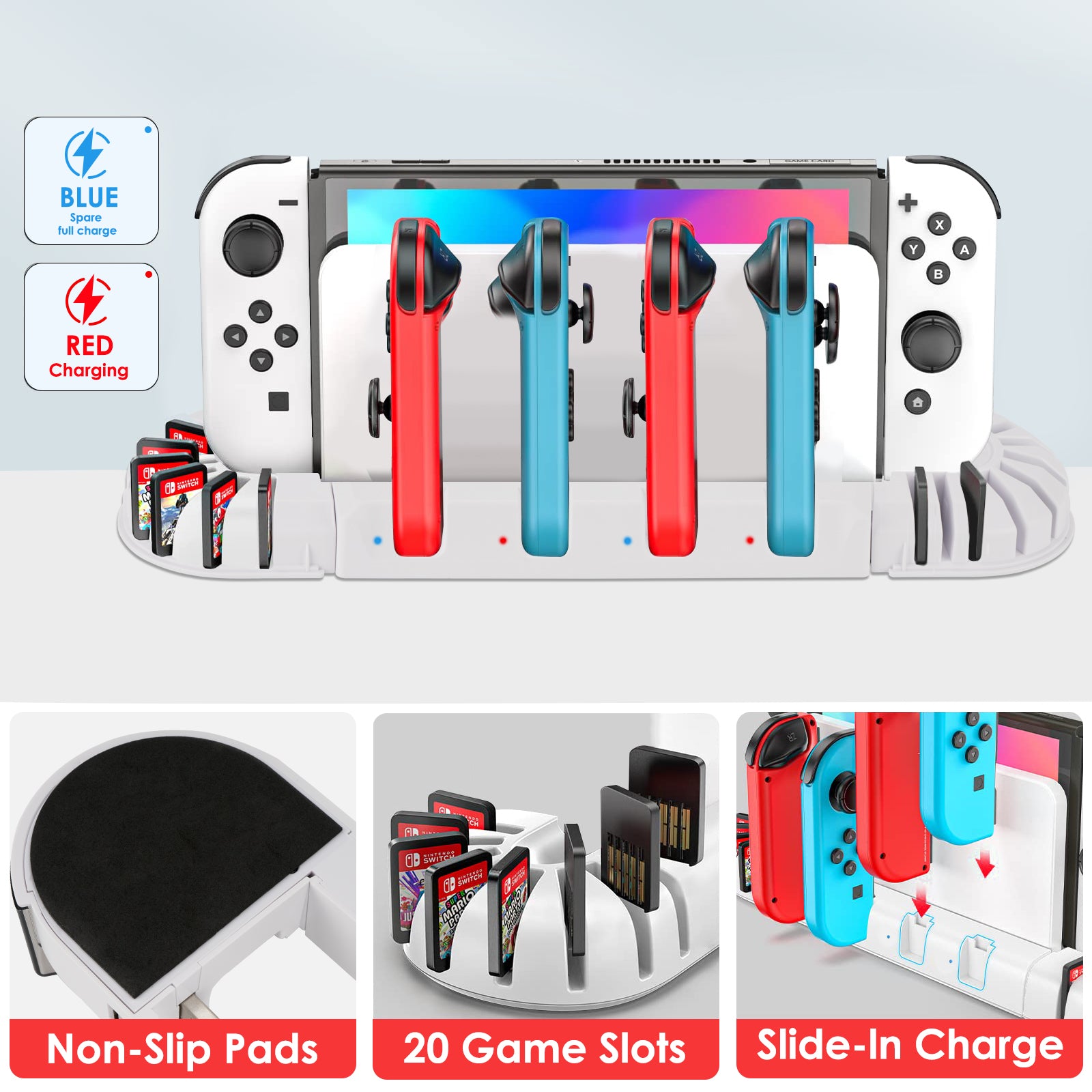Geekria Charging Station Stand and Game Holder Compatible with Nintendo Switch & OLED Model Joy-Cons, Charger Stand Station with Cooling Fan Intended