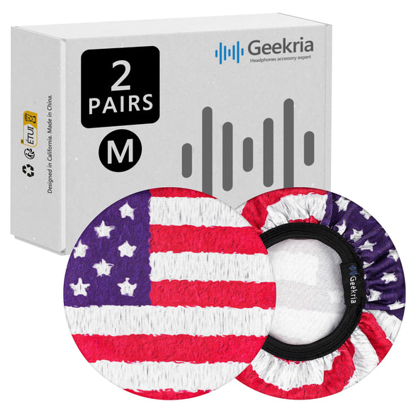 Geekria 2 Pairs Flex Fabric Headphone Ear Covers - Product Safety Certified - Washable & Stretchable Protectors for Over-Ear Headsets, Sweat Pads for Gym, Gaming (M/America Flag Pattern)