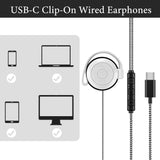 Geekria USB-C Clip-On Wired Earphones with Microphone, In-Line Volume Control, Lightweight Hook-On Earbuds for Online Meetings, Remote Work, Call Center, Studying (White, 3.9FT)