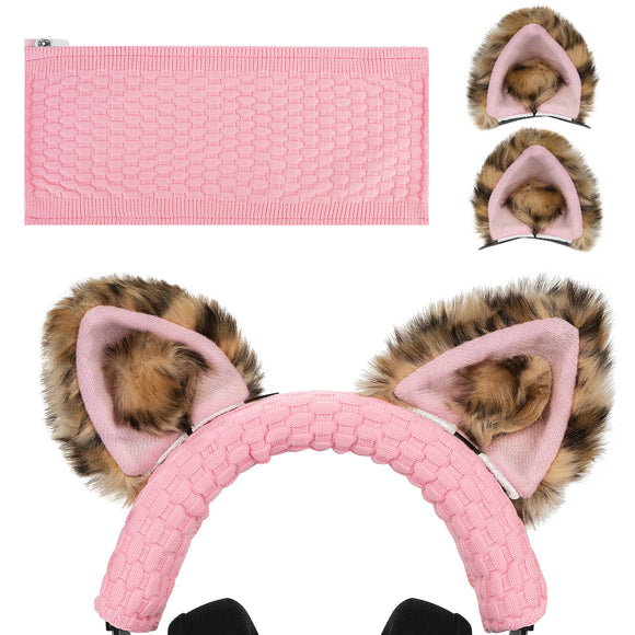Geekria NOVA Knit Fabric Headband Cover + Cat Ears Attachment Compatible with Razer, SteelSeries, HyperX, Sennheiser, ASTRO, Sony, Logitech, ATH Headphones, Sweat Cover (Leopard Print Pink)