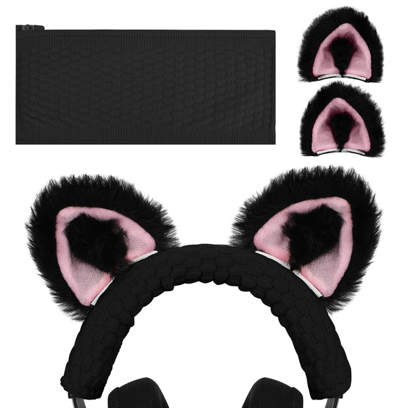 Geekria NOVA Knit Fabric Headband Cover + Cat Ears Attachment Compatible with Razer, SteelSeries, HyperX, Sennheiser, ASTRO, Sony, Logitech, ATH Headphones, Head Cushion Pad Protector (Black/Pink)