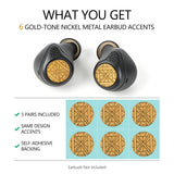 Geekria Gold-Tone Metal Earbud Stickers Compatible with Jabra Elite Active 75t & Elite 75t, Jewelry-Inspired Geometric Decorative Decals, Self-Adhesive (6 Pieces)