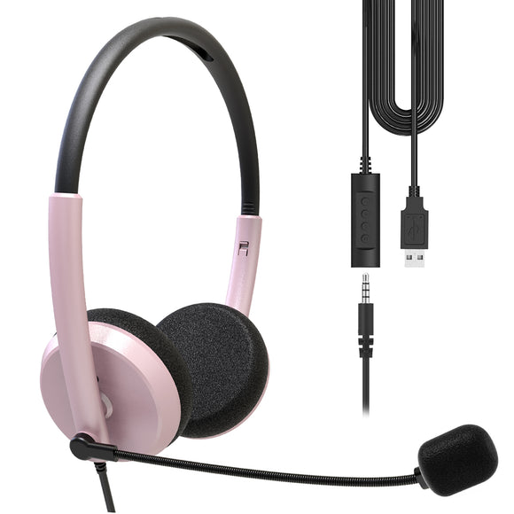 Geekria USB Headset with Mic and Mute Option, 3.5MM Wired Headphone for PC, Laptop, Tablet, Computer Headset with Noise Cancelling Microphone, All Day Comfort for Meeting, Call Center (Rose Gold)