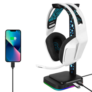 Geekria RGB Headphone Stand with 2 USB Charger Ports Gaming with Non-Slip Rubber Base Headset Holder Hanger for Gamer Desktop Table Game Earphone Accessories