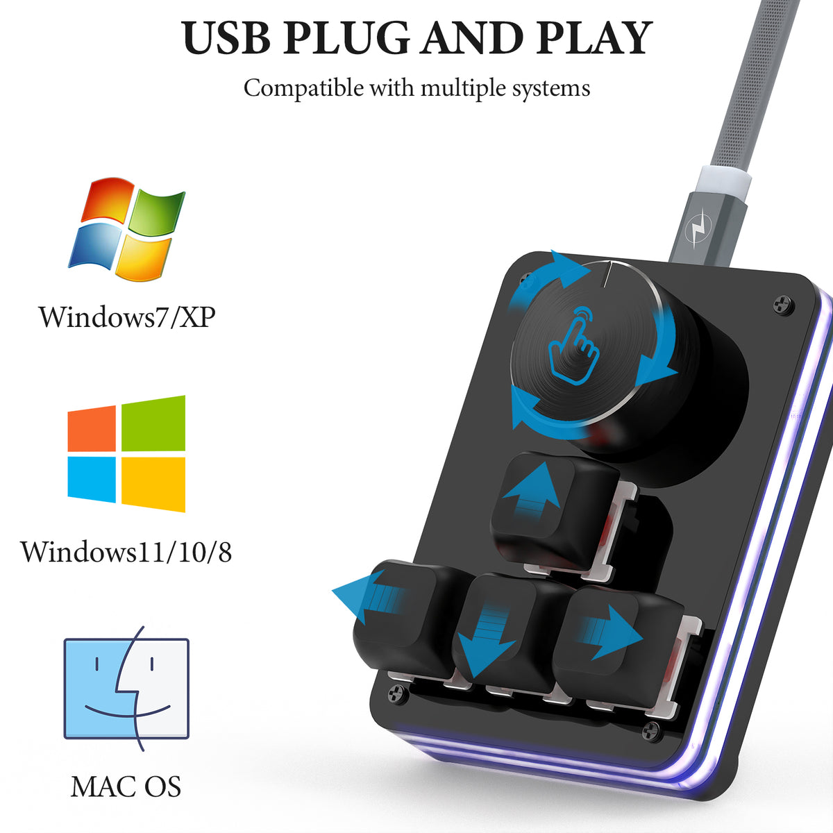 Geekria USB Mini 4-Key + Knob Keyboard, One-Handed Mechanical Gaming K