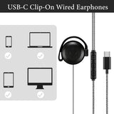 Geekria USB-C Clip-On Wired Earphones with Microphone, In-Line Volume Control, Lightweight Hook-On Earbuds for Online Meetings, Remote Work, Call Center, Studying (Black, 3.9FT)