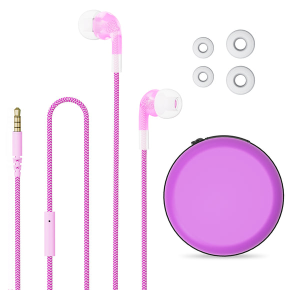 Geekria Kids Wired Earbuds with Mic & Volume Control for School and Online Class, Children's 3.5mm Jack In-Ear Earphone with 85dB Volume Limit for Small Ears, Storage Case Included (Pink)