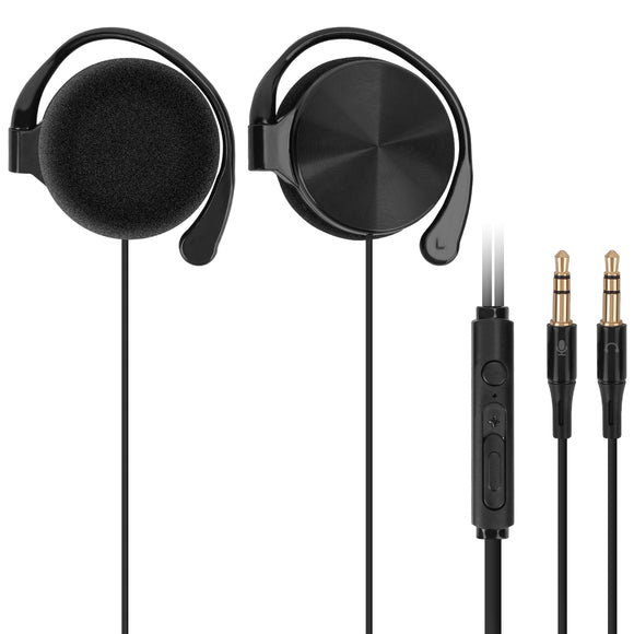 Geekria Wired Clip On Ear Headphones, Portable Hook On Ear Headphones with Microphone and Call Controller Compatible with Desktop Computer, Avoid Headphone Hair (Black)