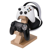 Geekria Solid Wood Dual Gamepad and Headphone Stand, Controller Storage Holder for PS4, PS5, Xbox, Switch, 8BitDo, Universal Desk Game Accessories (Light Brown)