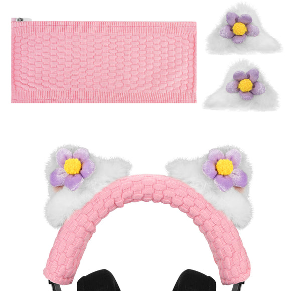 Geekria NOVA Knit Fabric Headband Cover + Cat Ears Attachment Compatible with Razer, SteelSeries, HyperX, Sennheiser, ASTRO, Sony, Logitech, ATH Headphones, Sweat Cover (Flower/White)