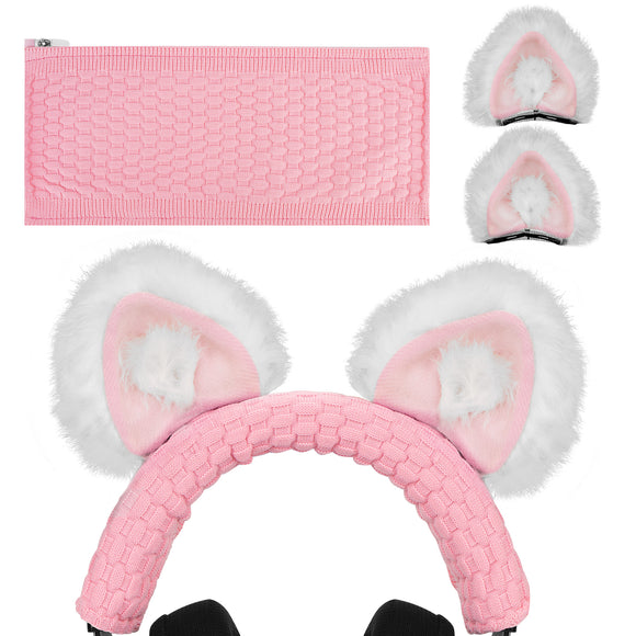 Geekria NOVA Knit Fabric Headband Cover + Cat Ears Attachment Compatible with Razer, SteelSeries, HyperX Sennheiser, ASTRO, SONY, Logitech, ATH Headphones, Head Cushion Pad Protector (White/Pink)