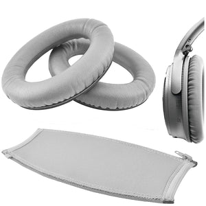 Geekria Headphone Replacement for BOSE QuietComfort QC35, QC25, QC2, QC15 Replacement Ear Pad and Headband Pad/ Ear Cushion + Headband Cushion/ Repair Parts Suit (Grey Silver)
