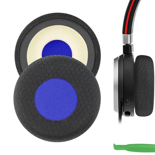 Geekria Comfort Mesh Fabric Replacement Ear Pads for Jabra Evolve 65UC/ 65MS/ 40UC/ 40MS/ 30US/ 30II/ 20SE/ 20UC/ 20MS Headphones Ear Cushions, Repair Parts (Black+Blue)