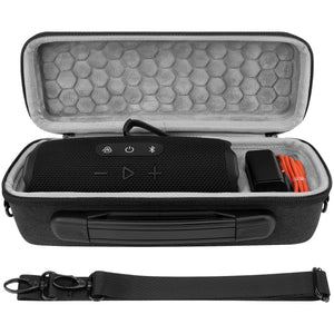 Geekria Shield Speaker Case Compatible with JBL Flip 7/6/5 Replacement Hard Shell Portable Protective Carrying Bag With Cable Storage, Keychain Hook, Travel Shoulder Strap (Dark Grey)