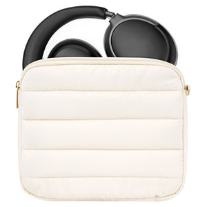 Geekria NOVA Headphones Puffy Pouch Compatible with Bose QC Ultra, JBL Tour One M3, Skullcandy Hesh ANC, Soft Shell Replacement Protective Travel Carrying Bag with Cable Storage (White)