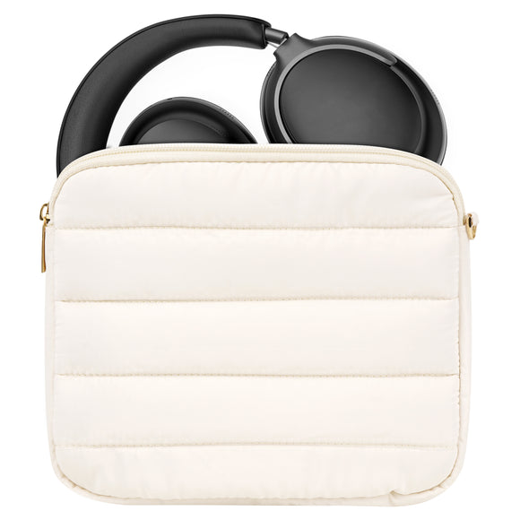 Geekria NOVA Headphones Puffy Pouch Compatible with Bose QC Ultra, JBL Tour One M3, Skullcandy Hesh ANC, Soft Shell Replacement Protective Travel Carrying Bag with Cable Storage (White)