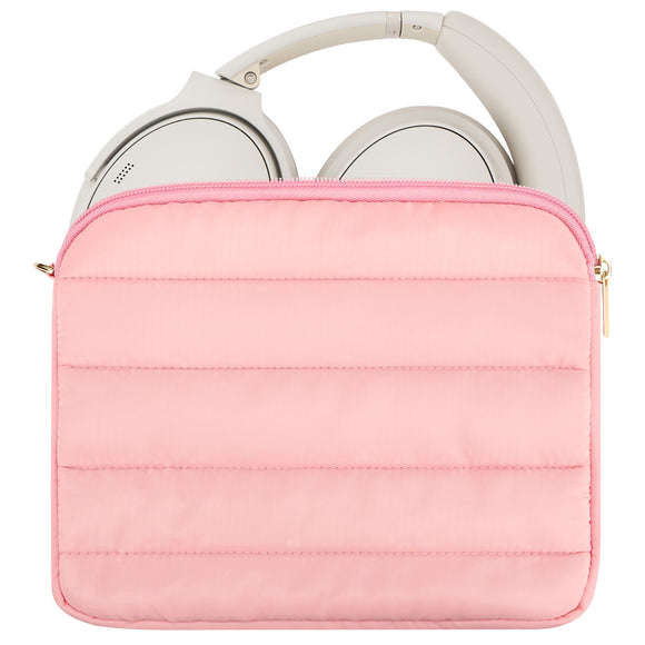 Geekria NOVA Headphones Puffy Pouch Compatible with JBL Tour One M3, Bose QC Ultra II, Sennheiser PXC 550-II, Soft Shell Replacement Protective Travel Carrying Bag with Cable Storage (Pink)