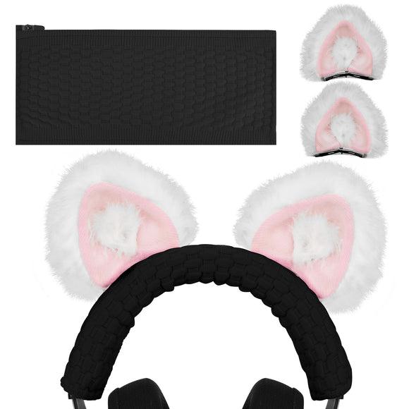 Geekria NOVA Knit Fabric Headband Cover + Cat Ears Attachment Compatible with Razer SteelSeries HyperX Sennheiser ASTRO Sony Logitech ATH Headphones, Head Cushion Pad Protector (White/Pink)