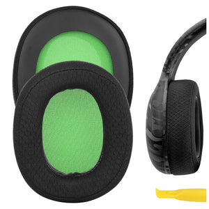 Geekria QuickFit Mesh Fabric Replacement Ear Pads for PDP Gaming LVL50 Headphones Ear Cushions, Headset Earpads, Ear Cups Cover Repair Parts (Black/Green)