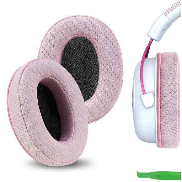 Geekria PRO Extra Thick Mesh Fabric Replacement Ear Pads for HyperX Cloud II, 2, Cloud III, 3, Mix, Alpha, Cloud Flight, Stinger, 2, 2 Core, Revolver S Headphones Ear Cushions, Earpads (Pink)