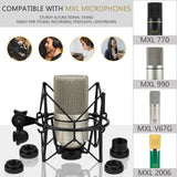 Geekria for Creators Microphone Shock Mount Compatible with MXL 770, 990, R77, TEMPO, V67G, 2006, R144 Mic Anti-Vibration Suspension Adapter Clamp Mic Holder Clip (Black / Metal)