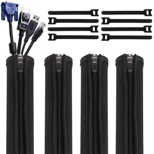 Geekria 4 Pack Cable Management, Wire Management with 8 Pieces Cable Ties, 20 Inch Cord Management with Zipper for TV / Office / Home Entertainment / Computer, Desk Cable Management (Black)