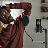 Geekria for Creators Mic Pop Filter Compatible with Razer Seiren X, Mini, V2 Pro, Elite, Emote Proscreen Microphone Filter Shield with Metal Stabilizing Arm, Antipop Mask with C-Clamp (Size L)