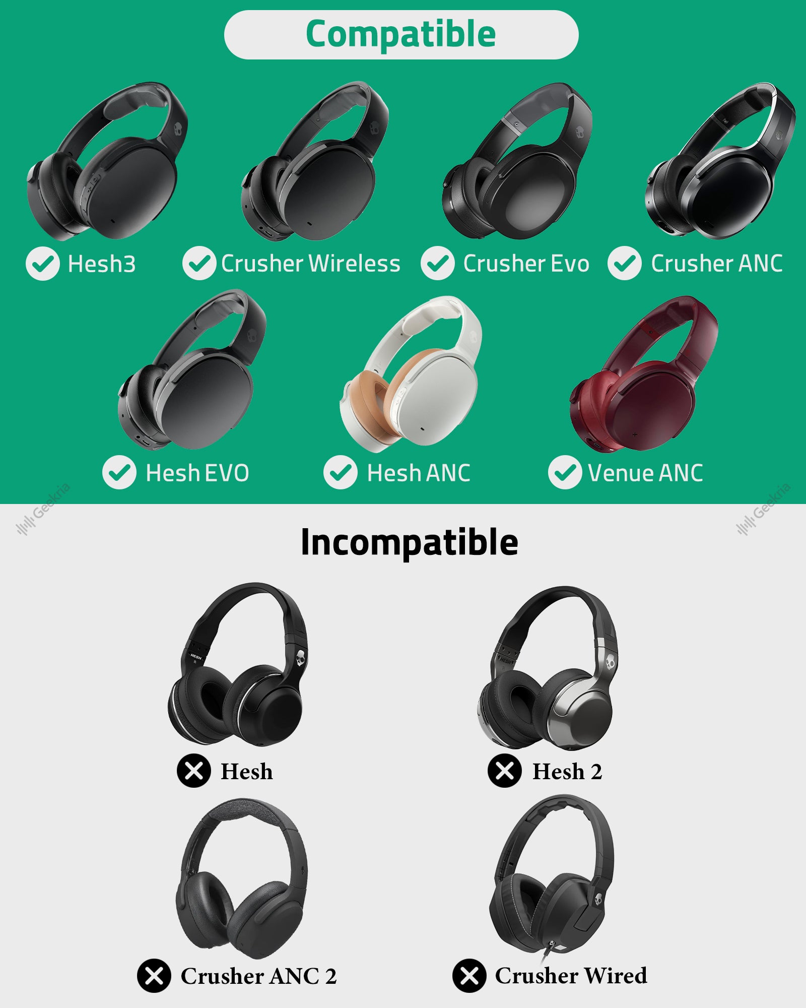 Geekria NOVA Replacement Ear Pads for Skullcandy Crusher Wireless, Cru