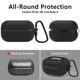 Geekria Silicone Case Cover Compatible with JBL Live Buds 4, Protective Earbuds Case with Locking Aluminum Carabiner, Charging Port Accessible, Front LED Visible (Black)