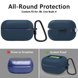 Geekria Silicone Case Cover Compatible with JBL Live Buds 4, Protective Earbuds Case with Locking Aluminum Carabiner, Charging Port Accessible, Front LED Visible (Dark Blue)