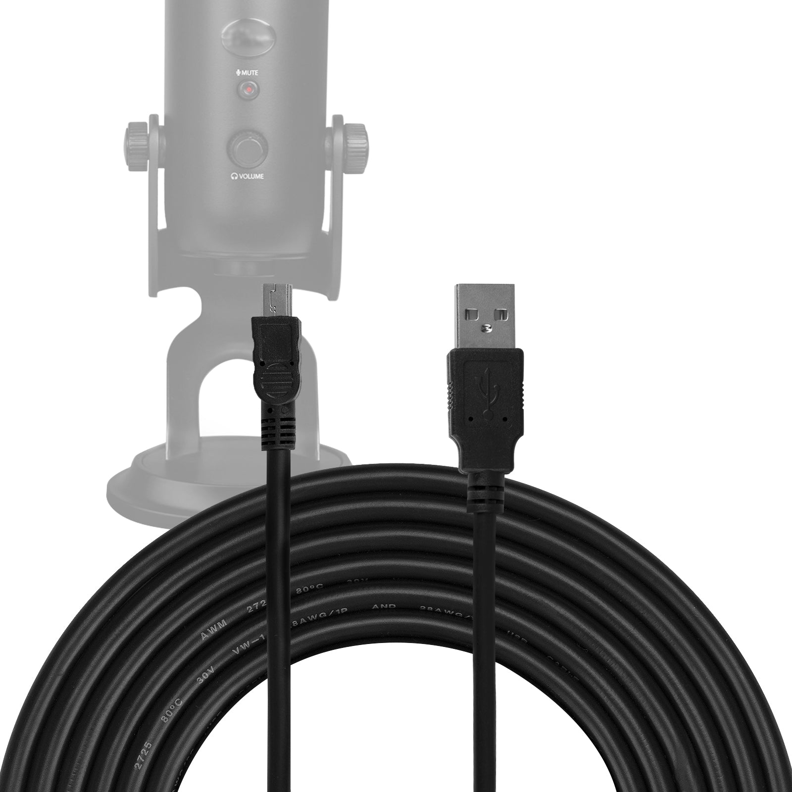 Geekria for Creators USB-A to Mini-USB Microphone Cable 10 ft / 300 cm, Compatible with Logitech for Creators Blue Yeti, Yeti Pro, Snowball Ice, Mic