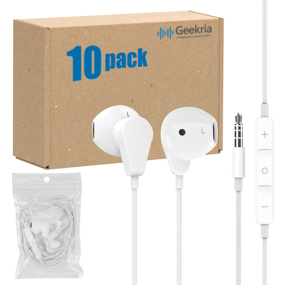 Geekria 3.5mm Plug Earphones with Microphone, Quality Wired Headphones Bulk Pack, Stereo Semi In-Ear Headphones with Mic And Volume Control, Affordable Wholesale Earbuds (10 Pack, White)