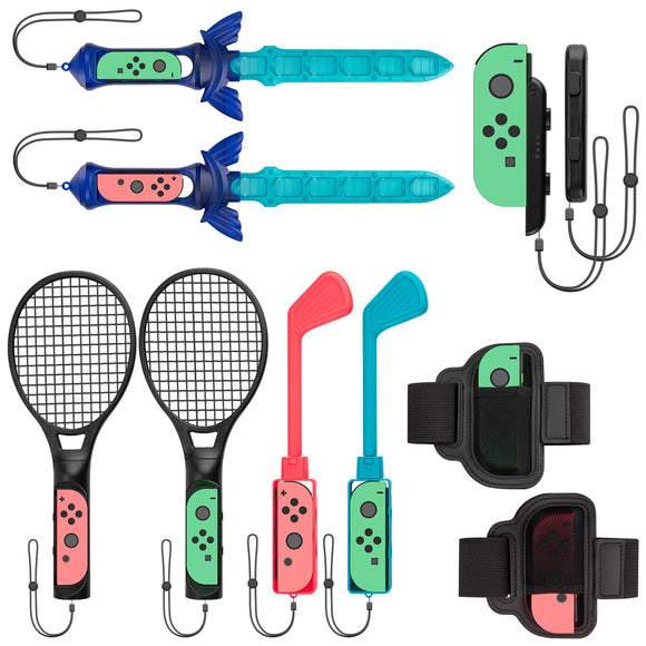 tennis sports gear Geekria Sports Accessories Bundle Compatible with Nintendo Switch Sports Games 10 in-1 Kit with Tennis Rackets, Sword Grips, Golf Clubs, Leg Strap,
